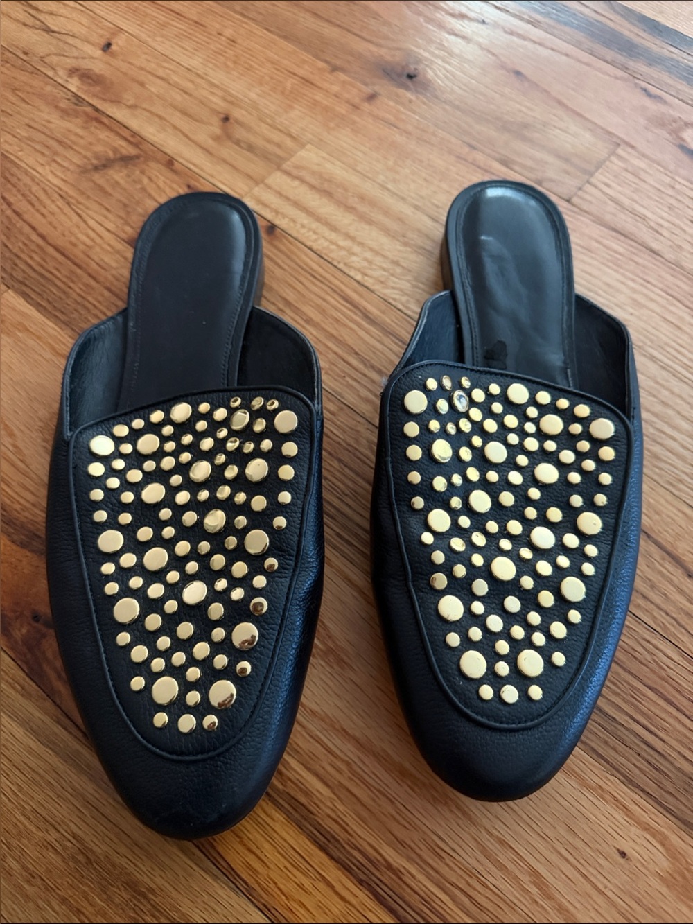 Michael Kors Black Leather Slide Mules with Gold Stud Clusters